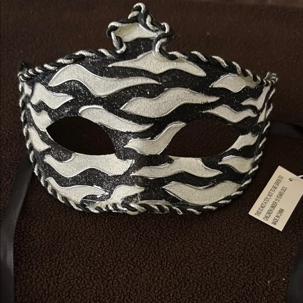 Mardi Gras Black and Silver Contoured Face Mask with Zebra Pattern